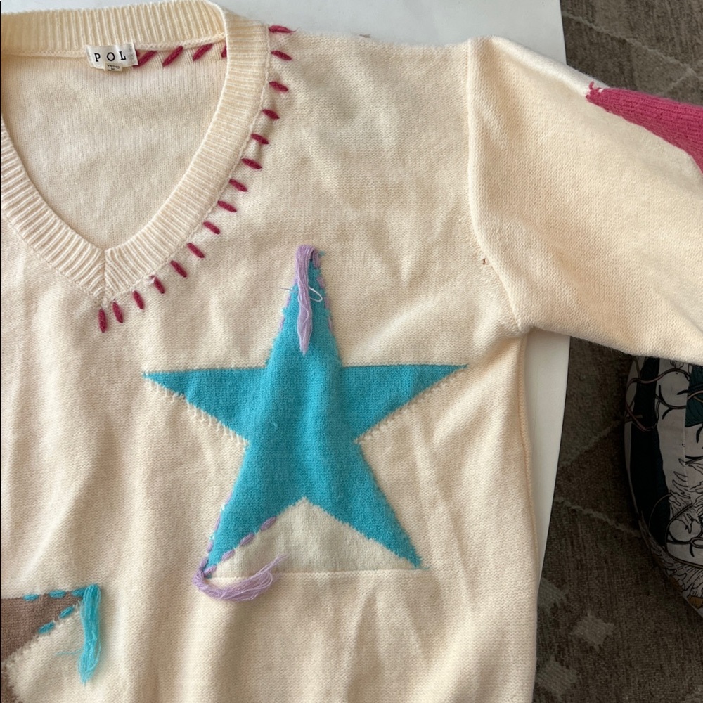 Pol Patchwork Star Sweater - Beige V Neck Thick K… - image 5